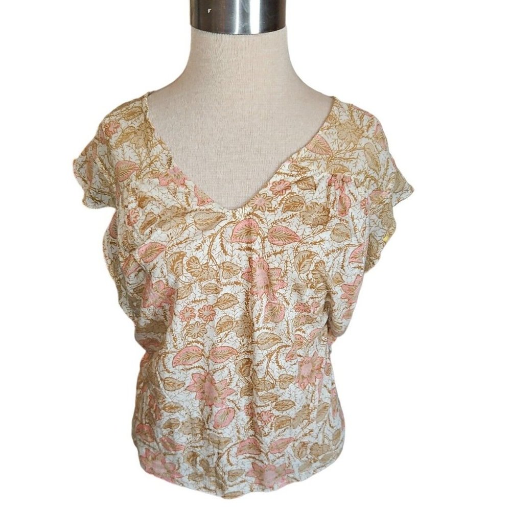New Lucky Brand 2X Plus Tan Pink Beige Floral Top Cap Flutter Sleeve V Nexk